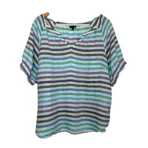 Talbots Womens Linen Rockport Stripe Top XL Multicolor Lightweight Short Sleeve